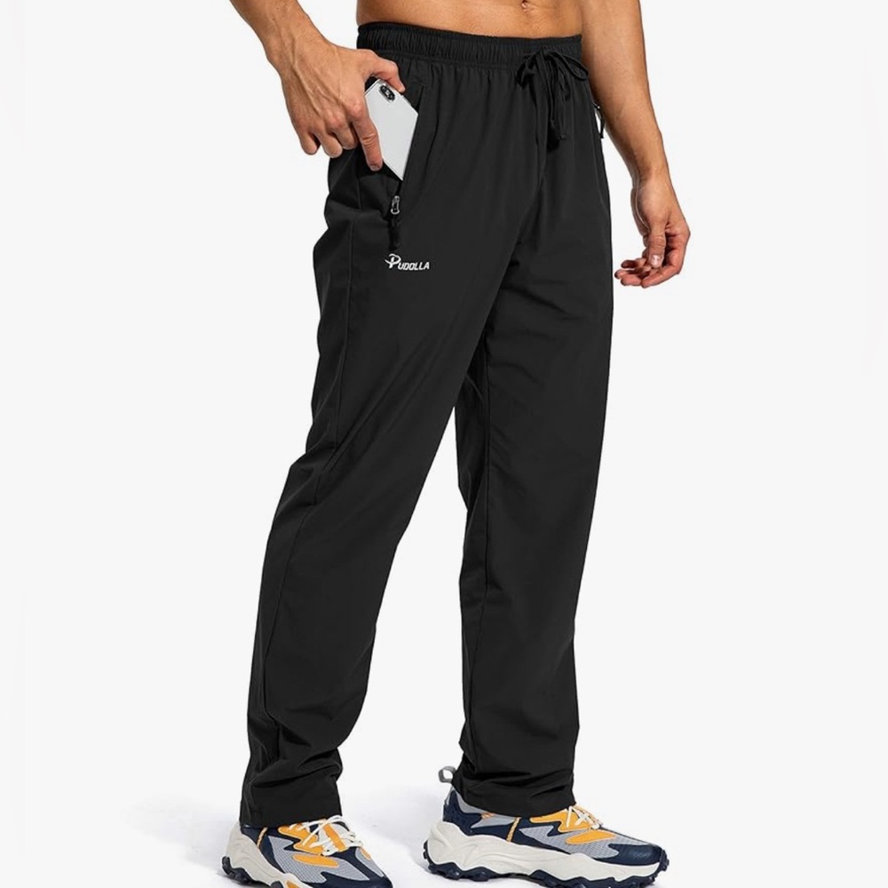 NEW Pudolla Black Workout Athletic Running Pants Elastic Waist‎ Zipper Pockets